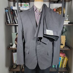 Joseph Abboud Mens 2PC Suit Two Button Flat Front Gray Twill Poly Wool 46S 40x34